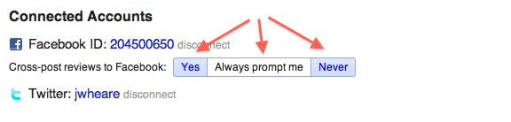 Settings for cross-posting reviews to Facebook
